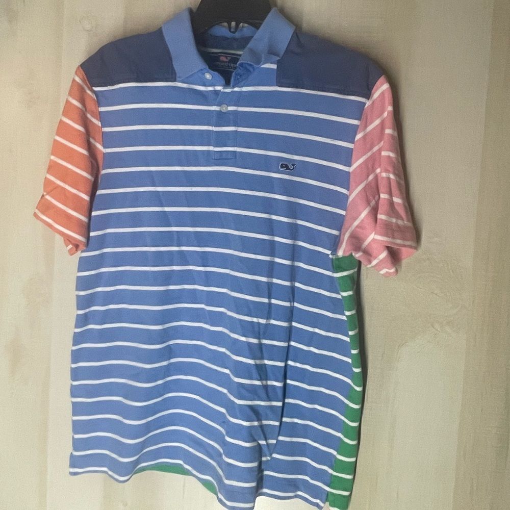 Vineyard Vines blue green pink white shirt‎ sleeve striped polo shirt, medium